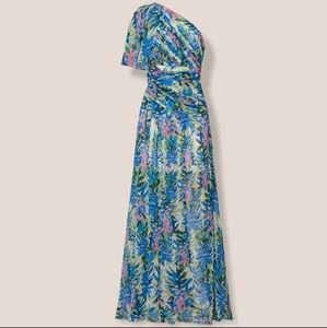 Badgley Mischa blue floral one shoulder gown